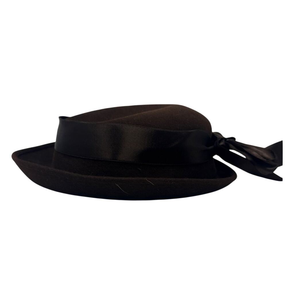 Vintage 1960s Women's Hat Cathay California Brown Wool Felt Ribbon Bow